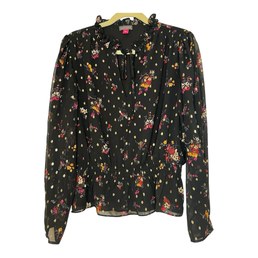 Vince‎ Camuto Large Black Semi Sheer Smocked Lined Tie Ruffled Floral Blouse - Image 10