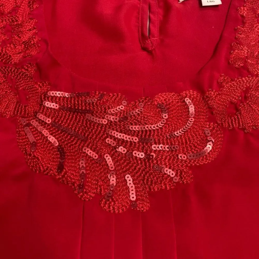 COLDWATER CREEK Women’s Red Top Size Large Embroidered Beaded Ruched Sleeveless - Image 4