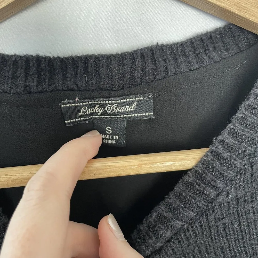 Lucky Brand Black Crochet Sleeve Knit Top With Sheer Hem Detail classy goth - Image 5