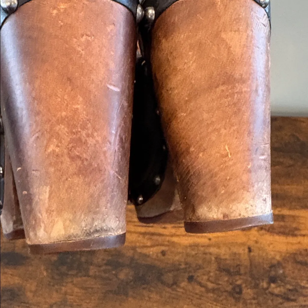 UGG Kaylee Shoes Women 7 Black Leather Heeled Clogs Wooden Platform Braided Mule - Image 6