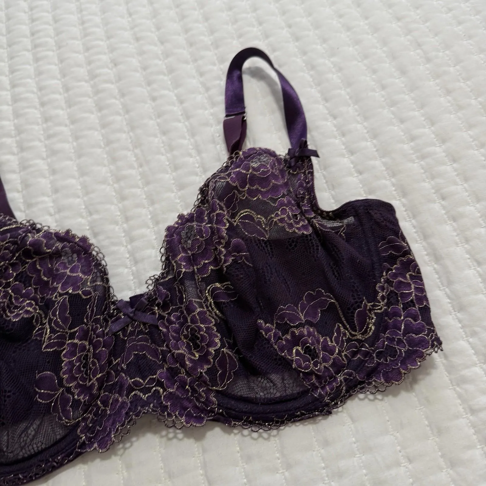 Cacique 40DDD Purple Floral Lace Metallic Unlined Balconette Bra Underwire - Image 8