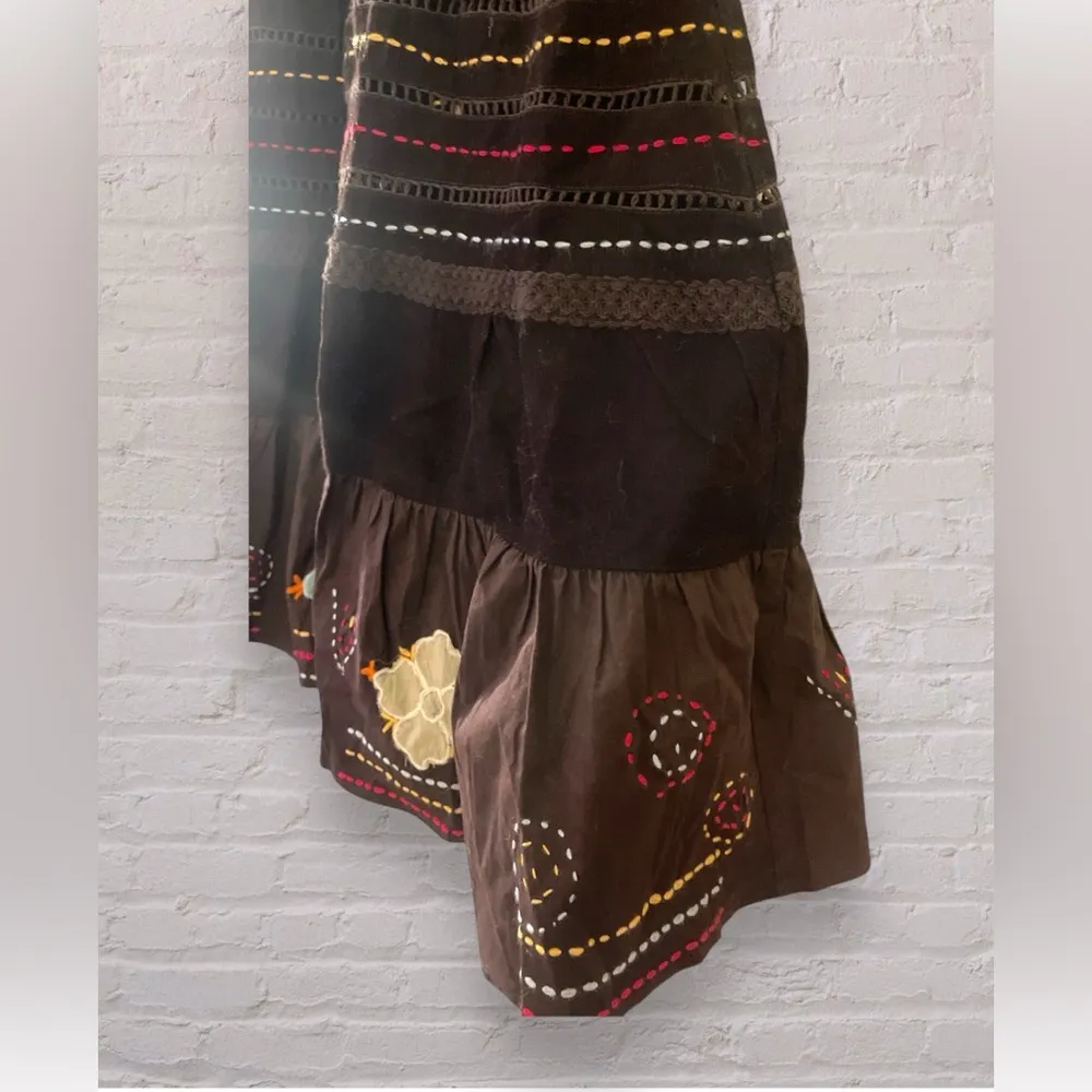 Anthropologie  Embroidered Floral Corduroy Maxi Skirt Brown Sz XS Boho Fall - Image 5
