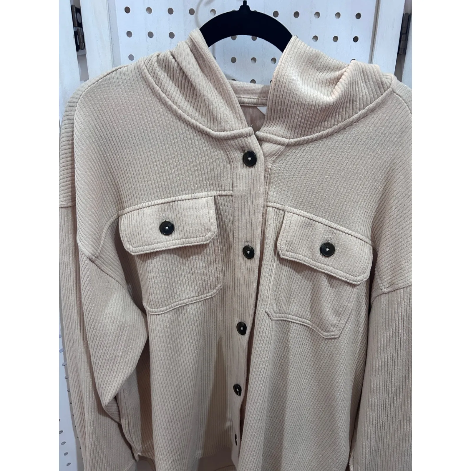 Time and Tru Womens Beige Ribbed Button Up Hoodie Shirt Jacket Size L Shacket Tan Size L - Image 3