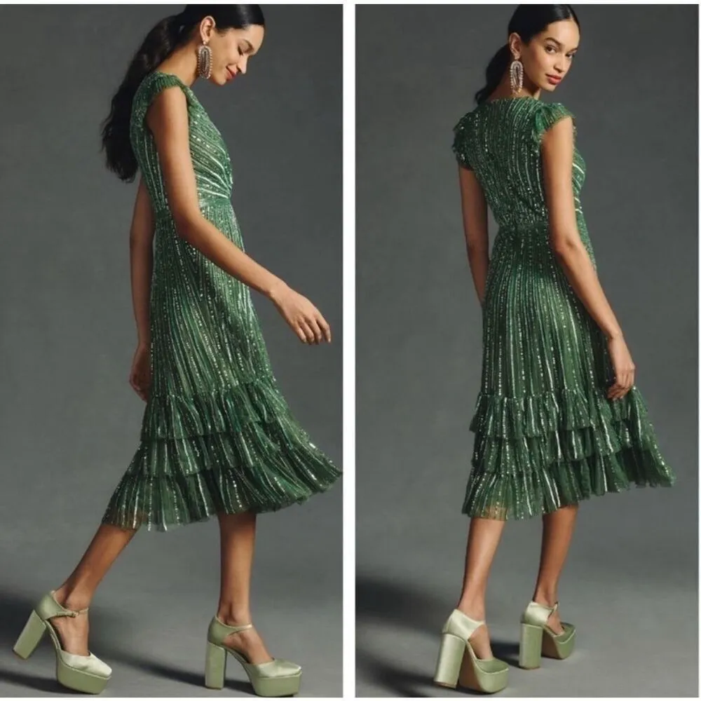 Mac Duggal Sequin V-Neck Wrap Over Cap Sleeve Ruffled Hem Dress Size 8 - Image 5