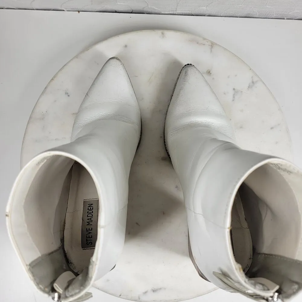 VTG Steve Madden Olga Boots Womens 7.5 White Leather Block Heel Ankle Booties - Image 11