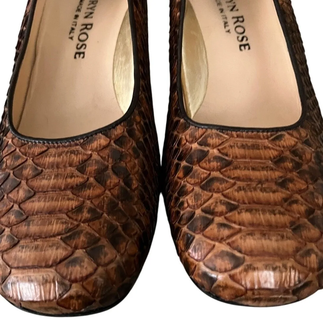 Italian Snakeskin Leather Block Heel‎ Pumps Square Toe Brown 38N Taryn Rose - Image 11