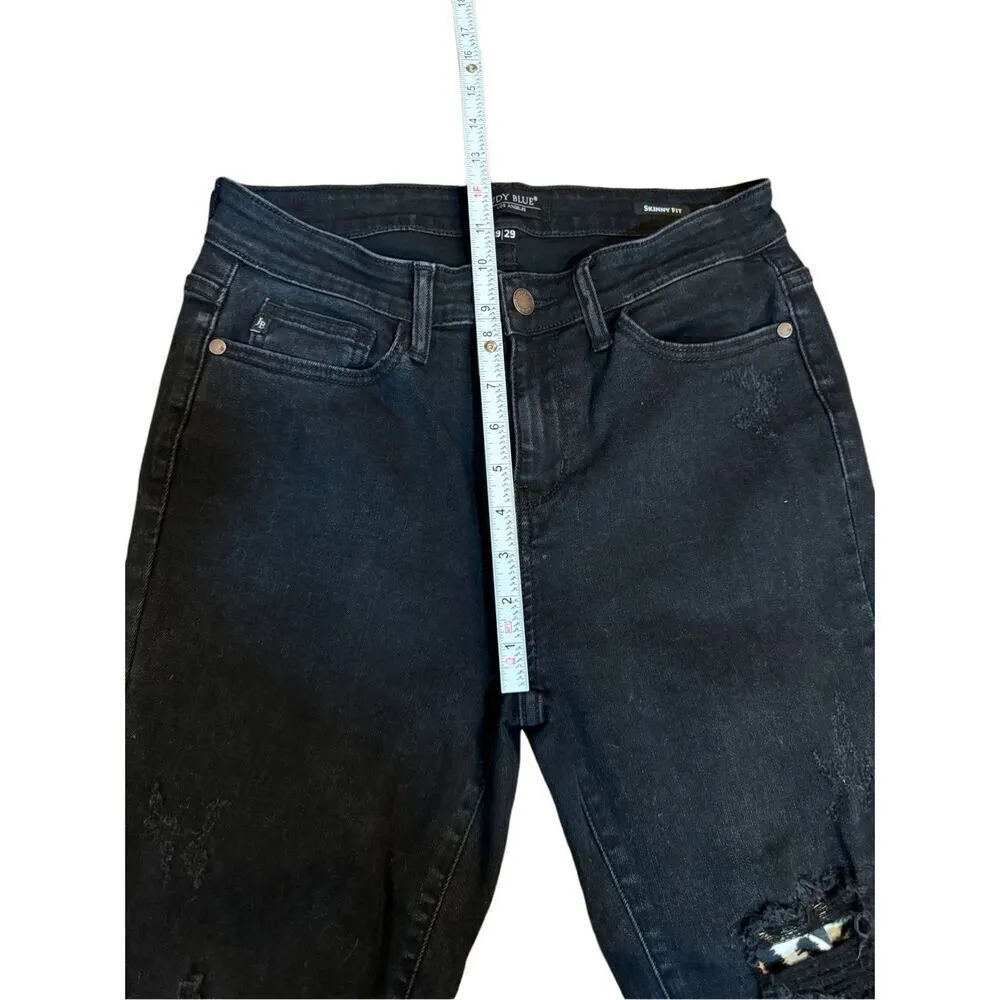 Judy Blue Jeans Women's 9/29 Distressed Black Leopard Patch Mid Rise Skinny Jean - Image 12
