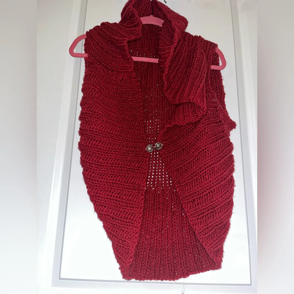 Chunky Knit Red Shawl Collar Cardigan Handmade Look Cozy Sleeveless Sweater Vest - Image 5