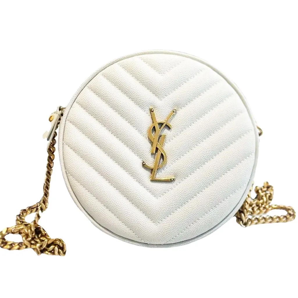 Authentic Saint Laurent New Ivory /Gold Round Chevron YSL Monogram Crossbody Bag - Image 13