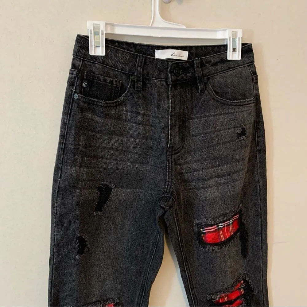 Kancan Black Plaid Patch Distressed High Rise Slim Straight Jeans Size 25 - Image 7