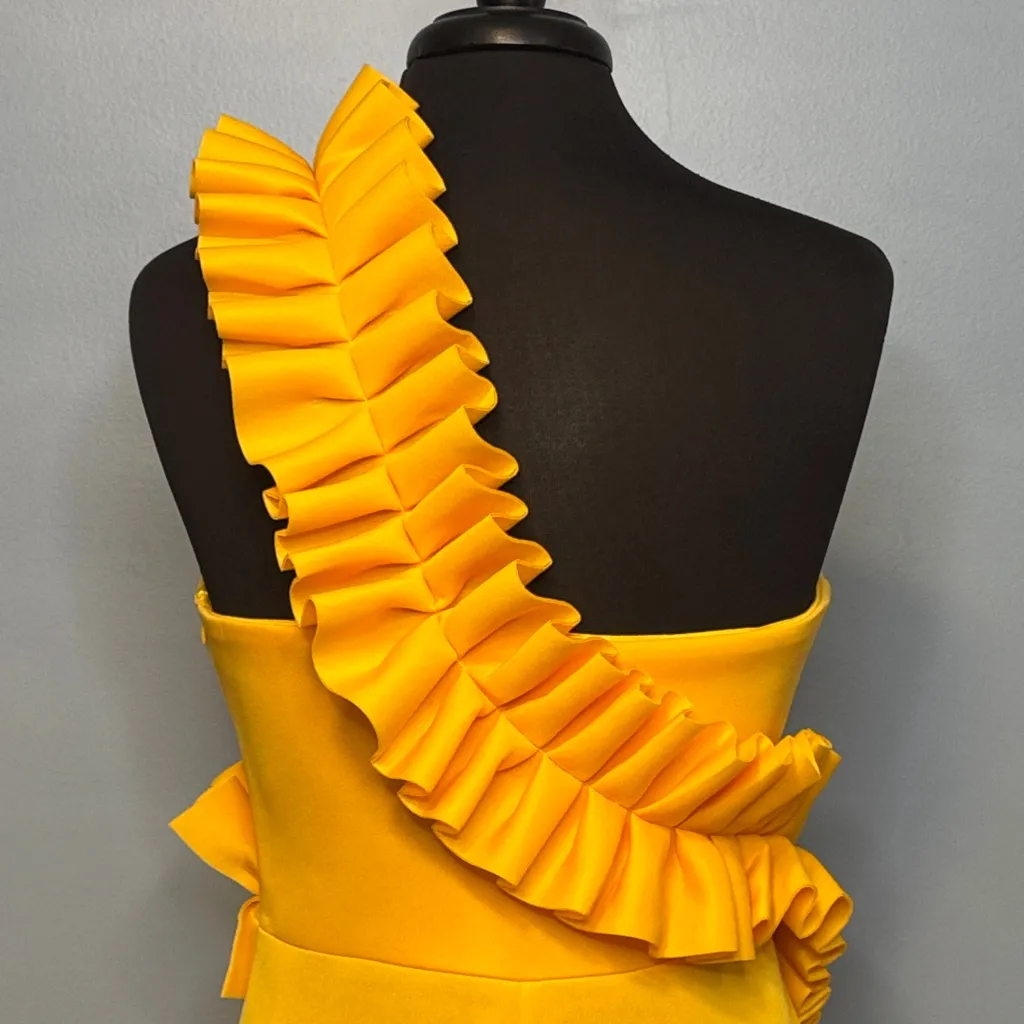 Vibrant Yellow One Shoulder Ruffle Dress Size Large Gold - Image 12