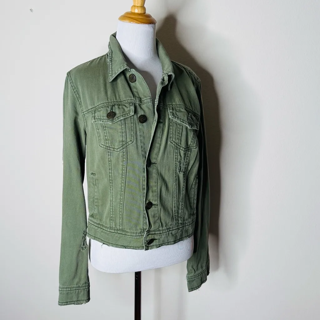 Free People Army Green Cropped Denim Jacket - Image 3