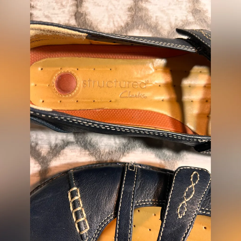 Clarks Dark Blue Leather Flats Adjustable Mary Jane 8M - Image 3