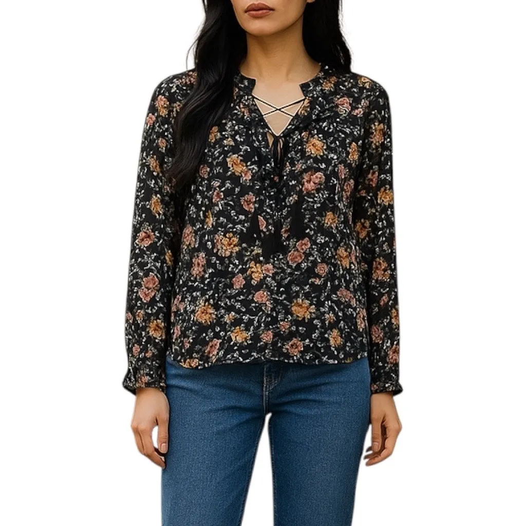 Xhilaration Floral Lace Up Sheer Top Blouse Black Size XS - Image 2