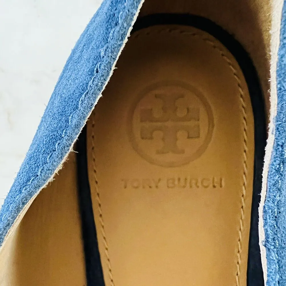 TORY BURCH Solid Blue Suede Smoking Flat Flats Gold Logo Buckle - US 7.5 - Image 5