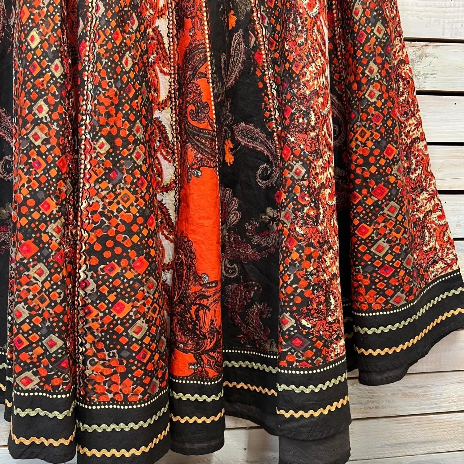 Vintage Mix Nouveau 100% Cotton Boho Patchwork Paisley Midi Skirt Red Black M Orange Size M - Image 5