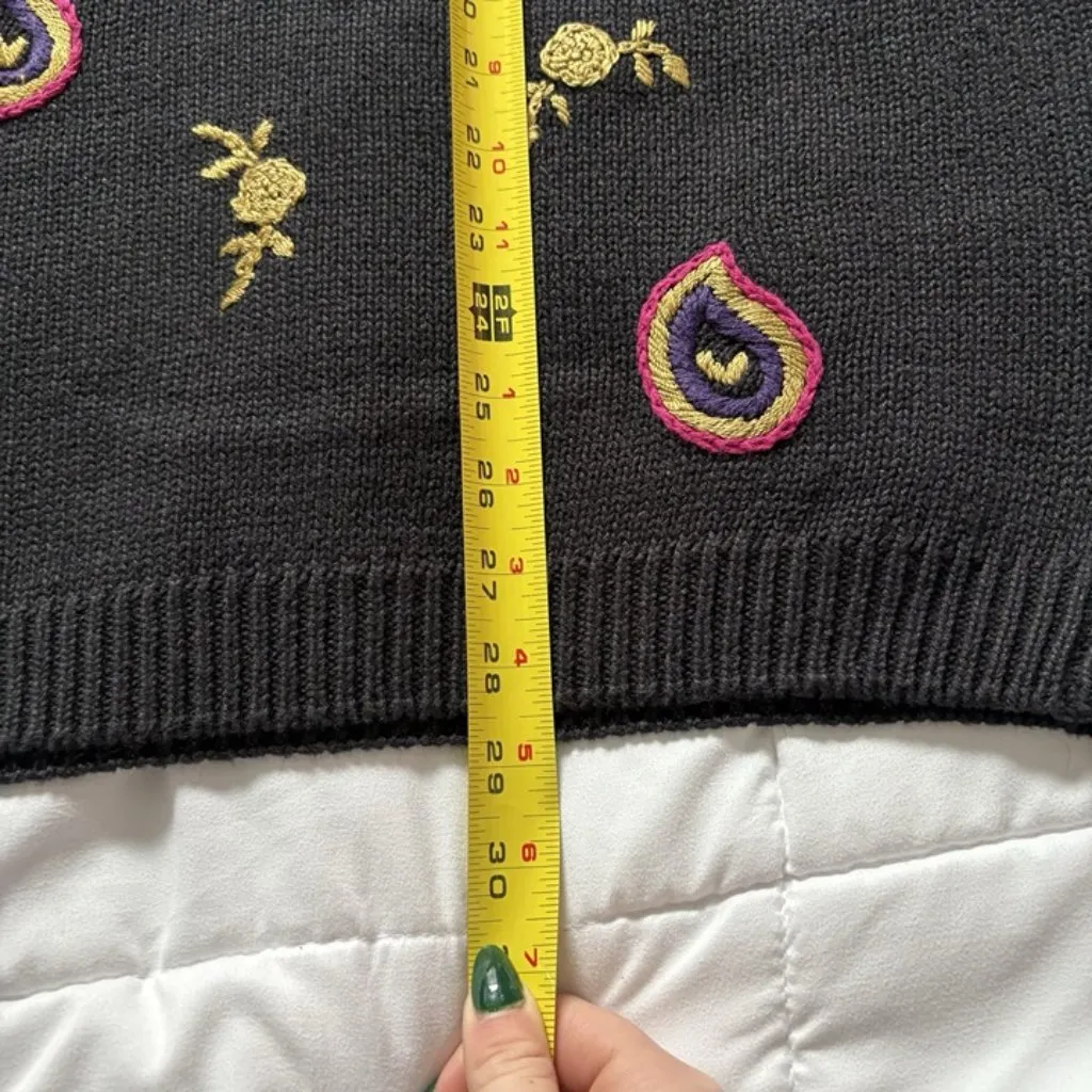 Vintage 80s 90s Womens Size Medium Black Floral Sweater Holiday Fall V Neck - Image 6