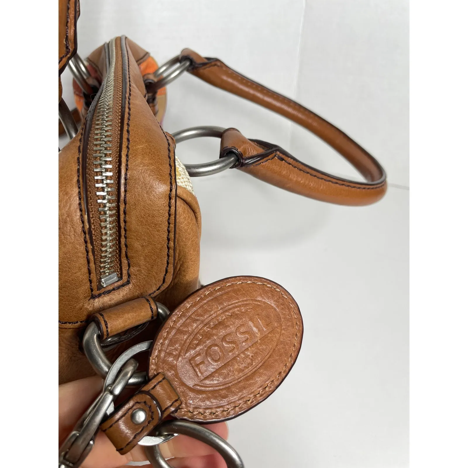 RARE FOSSIL LONG LIVE VINTAGE MADDOX PATCHWORK LEATHER SATCHEL HANDBAG PURSE - Image 6