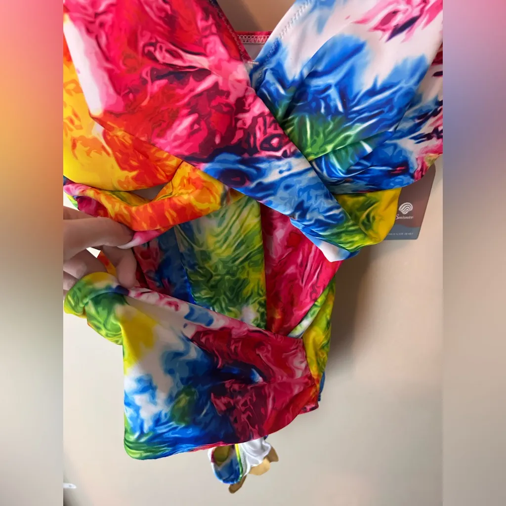 NWT Smismivo Tummy Control 1 Piece Push Up Bathing Suit Size L Neon Swirl V - Image 7