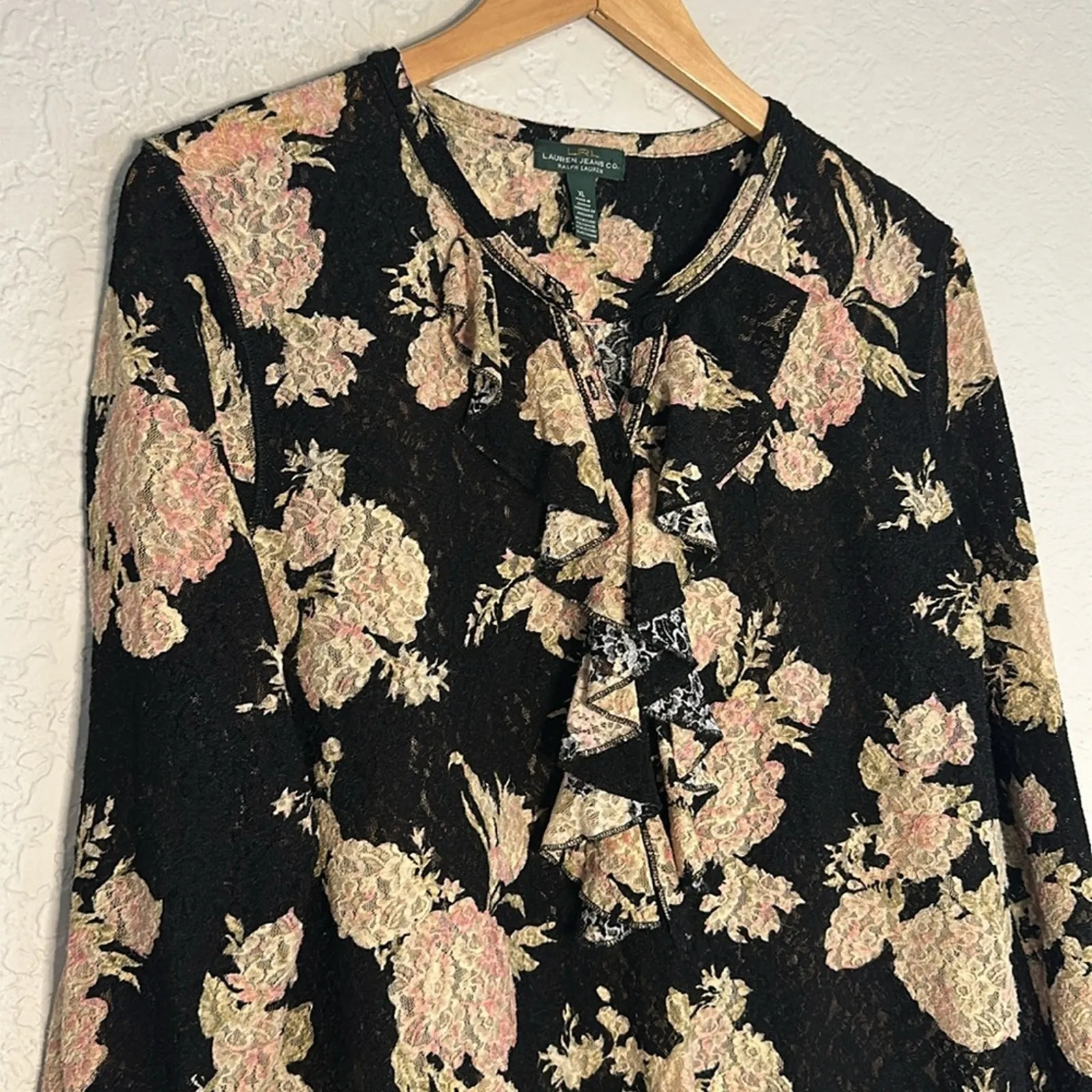 Ralph Lauren Gauzy Lace Long Sleeve Black Top Ruffle Romantic Goth Stretchy XL - Image 3