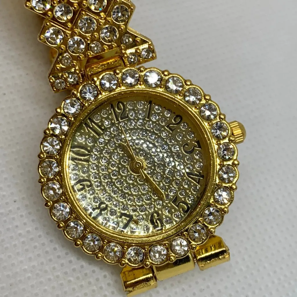 Women’s gold tone wrist watch iced dial rhinestones quartz 29mm round running - Image 3
