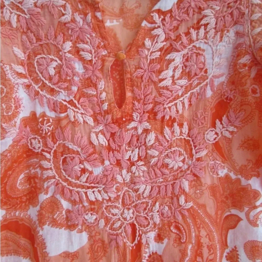 Raj Tunic Dress 100% cotton embroidered Bohemian Orange & White size small - Image 5