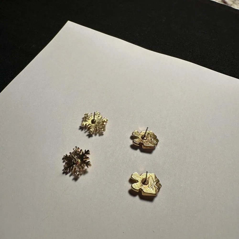 2 Avon Christmas Holiday Pierced Rhinestone Stud Earrings Snowflake Present Gold - Image 2