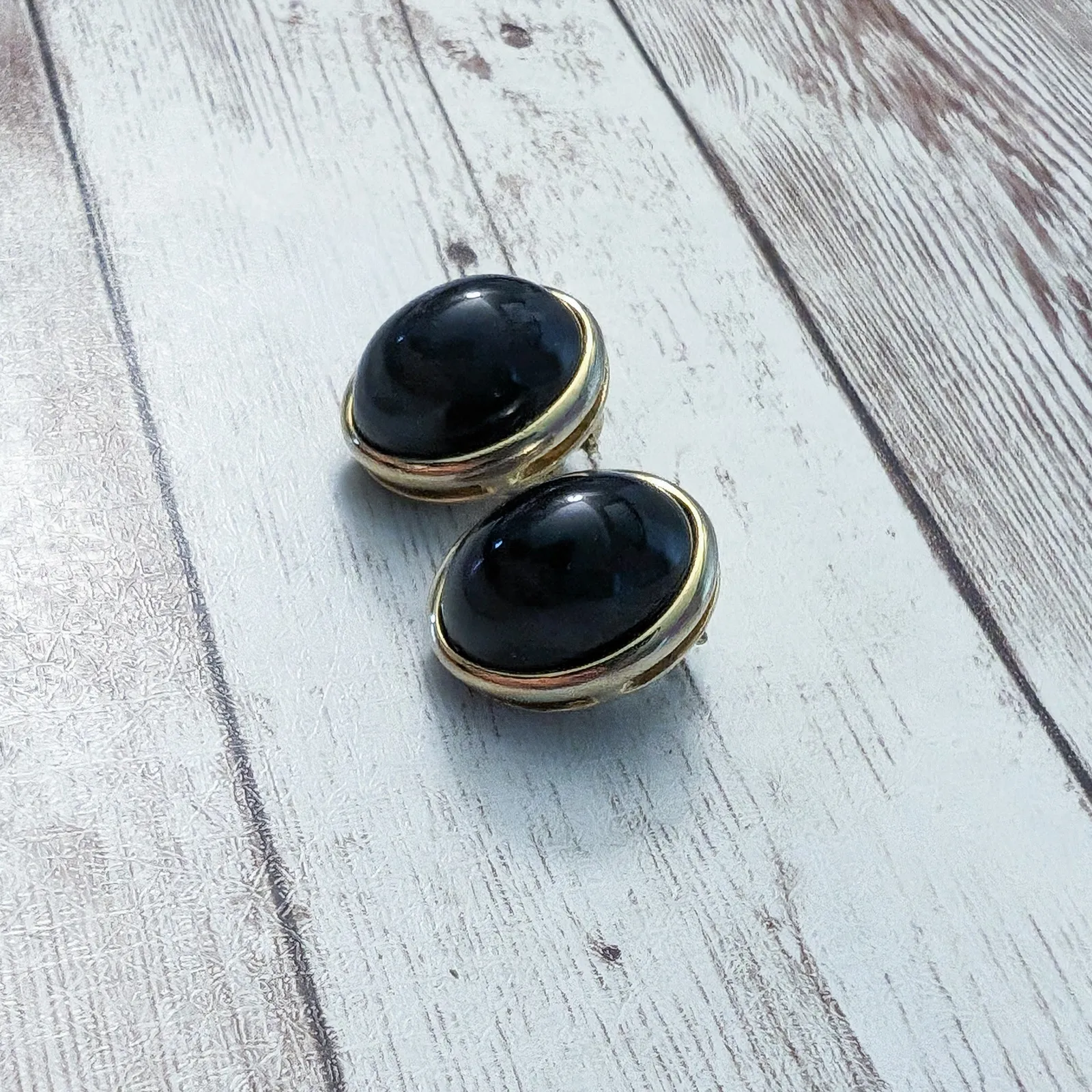 Vintage Clip On Earrings Black 3D Domed with Gold Tone Halo - Image 6