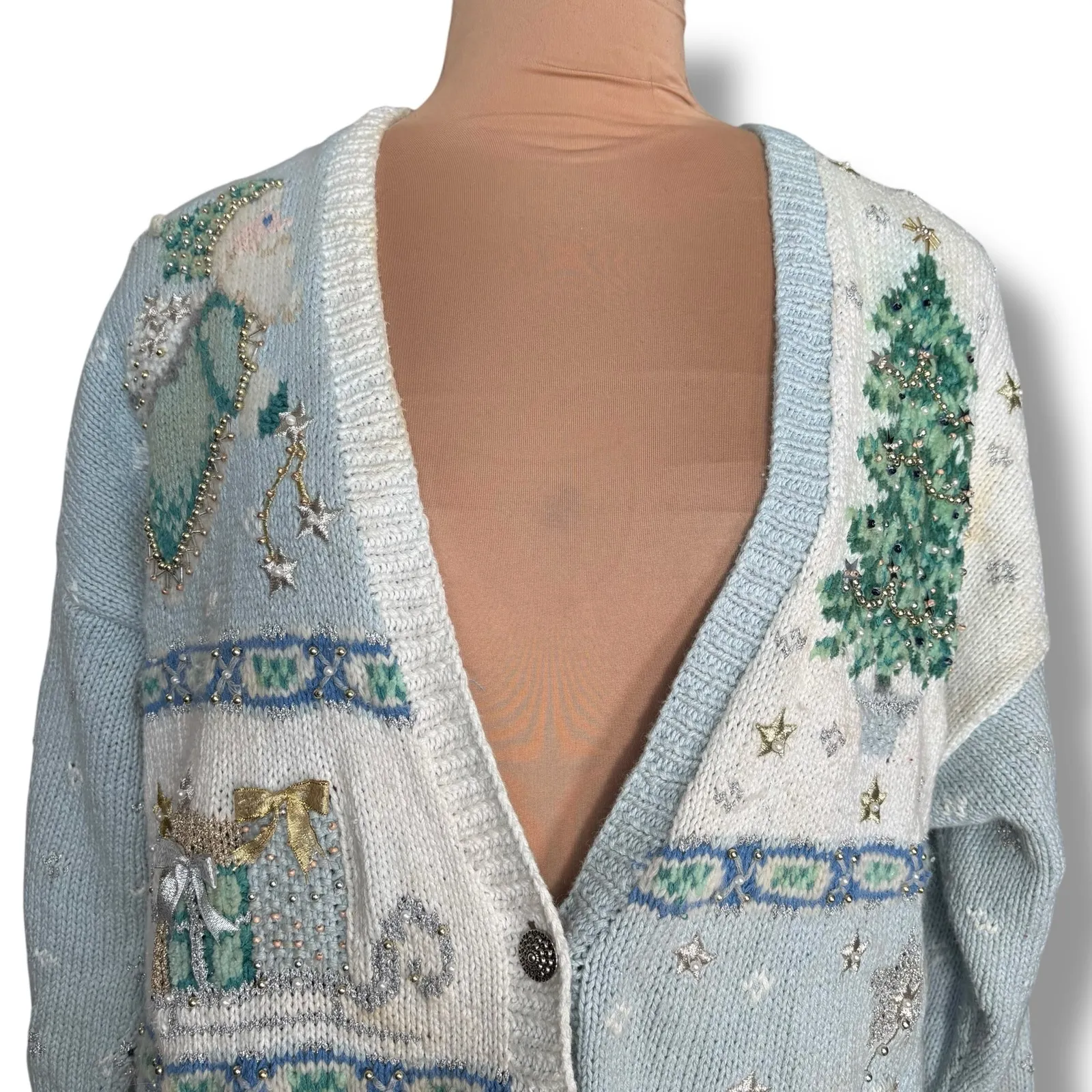 Vintage 90s Marisa Christina Beaded Christmas Cardigan Sweater Plus 2X Festive Blue - Image 2