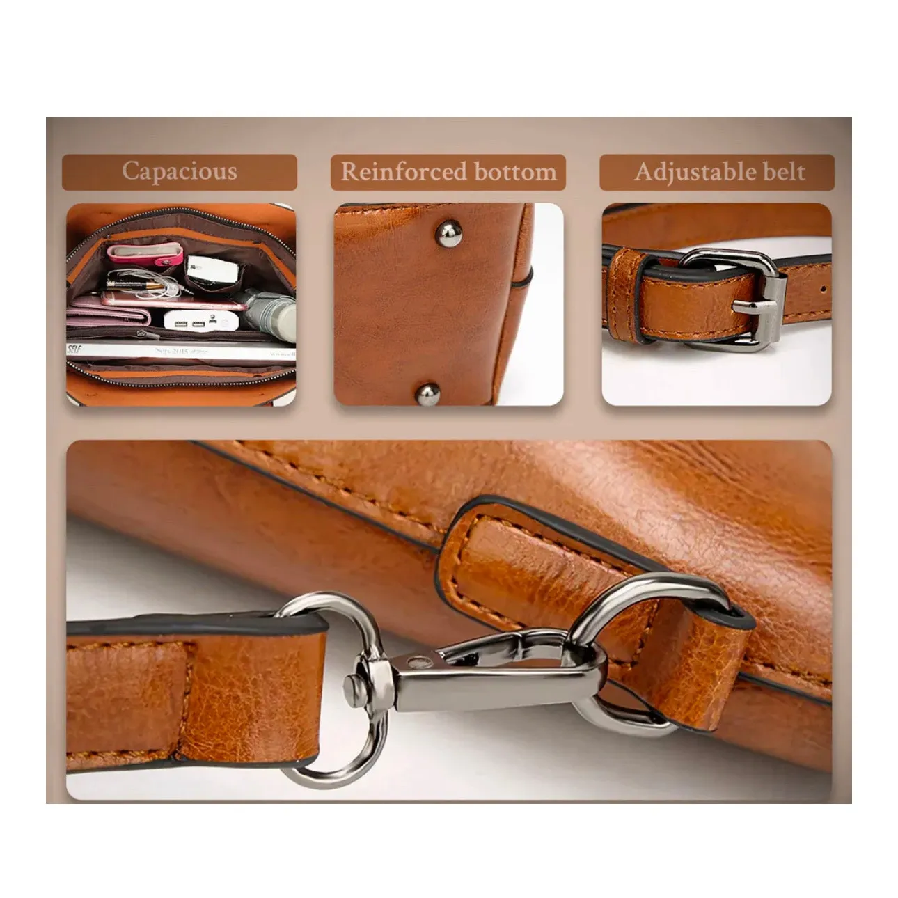 NWOT Elegant Faux Leather Tote with Removable Long Strap in Chocolate Brown - Image 16