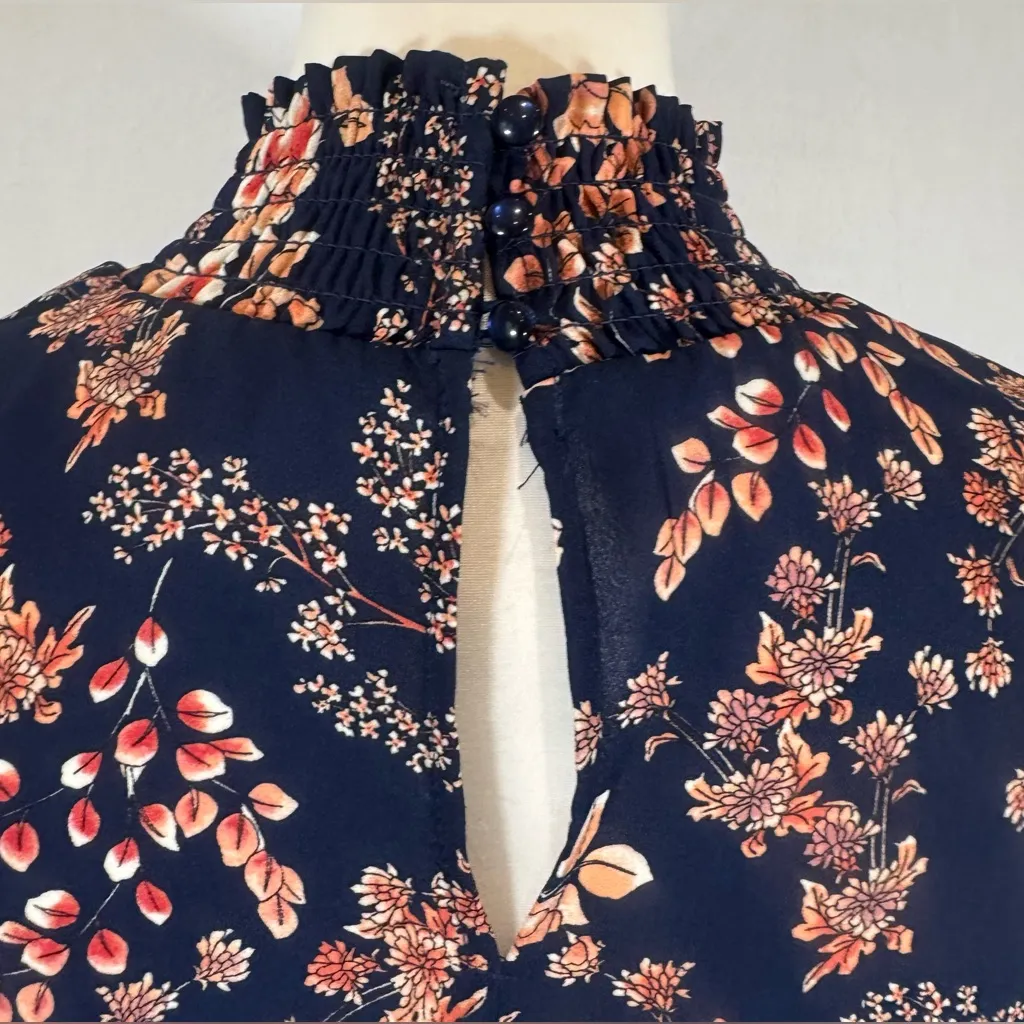 Nanette Lepore long sleeve navy floral smocked mock neck midi dress size 6 - Image 5