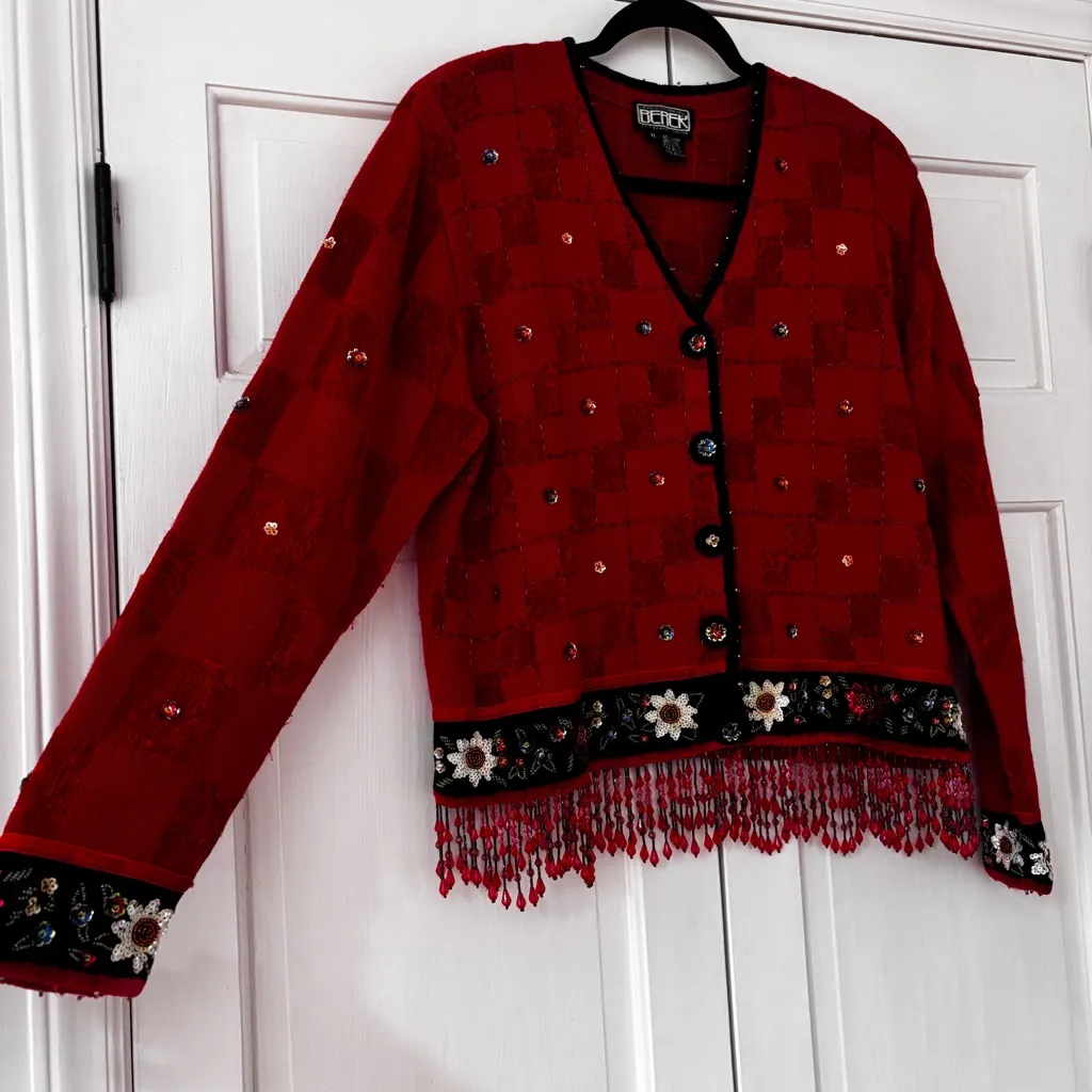 Berek Vintage Floral‎ Beaded Red Cardigan Beaded Fringe Size XL Checkered Sequin - Image 10