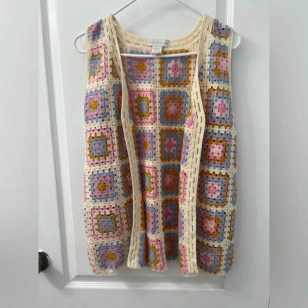 House of Harlow 1960 Knitted Crocheted Pastel Coastal Granny Square Vest One Sz Pink Size undefined - Image 4