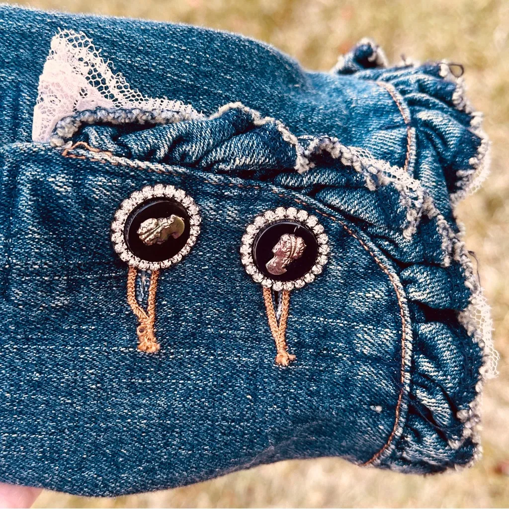 Berek 2 Rhinestone & Cameo Button Jean Jacket By Takako Sakon Size XL Blue - Image 14