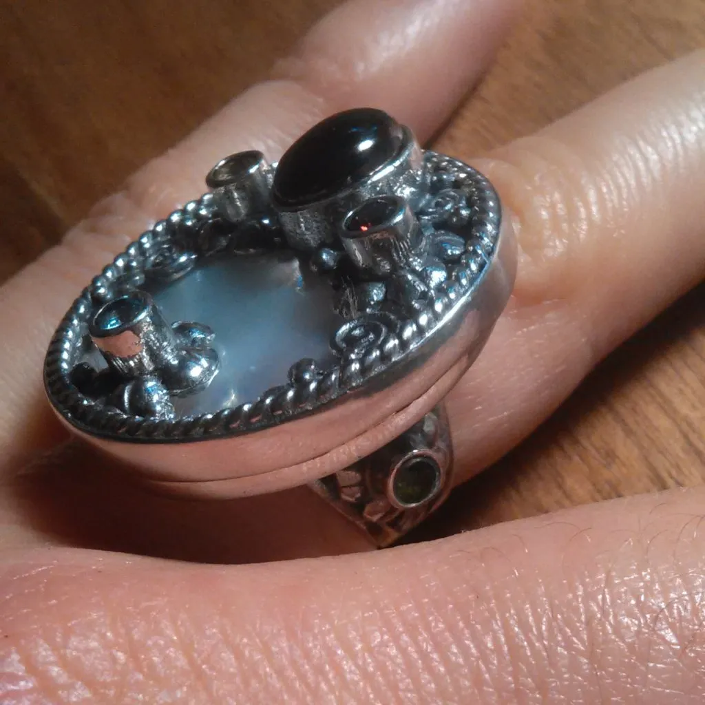Shungite Multi Gemstone Mother of Pearl Sterling Silver Cocktail Ring (Size 7) - Image 4