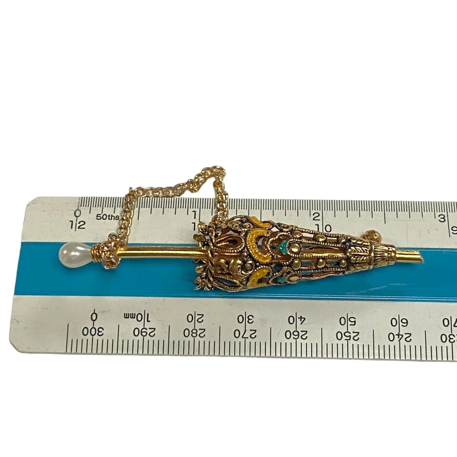 Vintage Umbrella Enamel Parasol Pin Brooch Gold Toned Damascene Pearl Handle - Image 10
