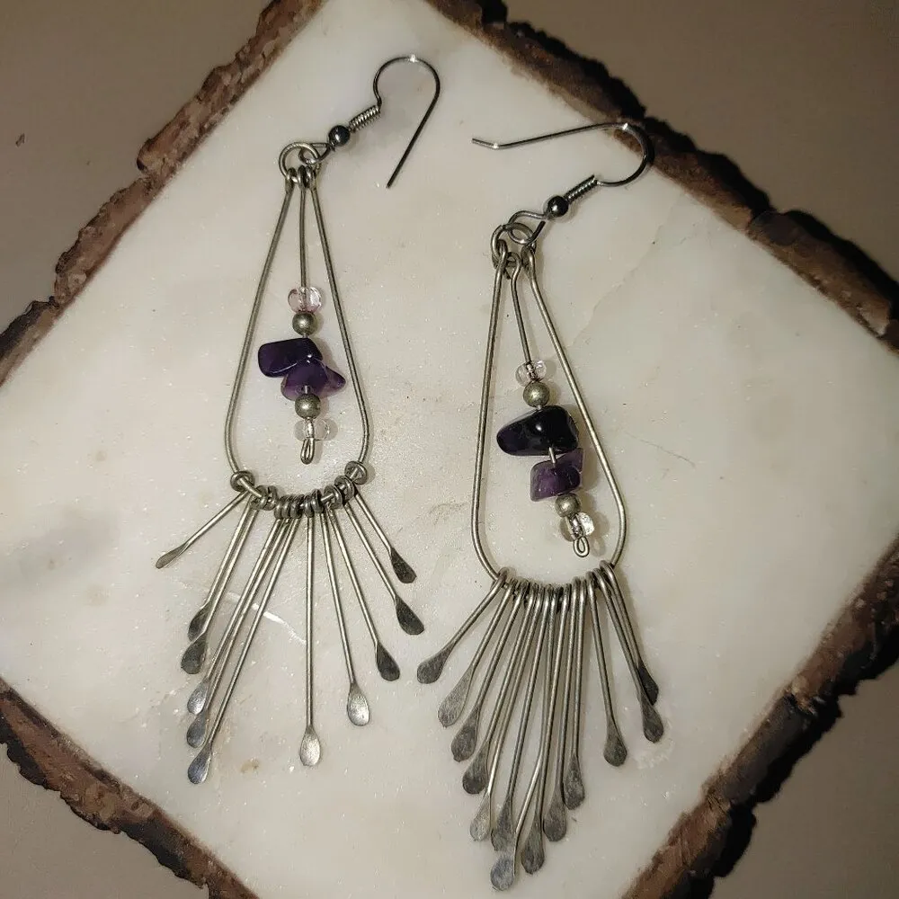 Long Vintage Silver Dangle Earrings Purple Amethyst Pearl Beads Fringe - Image 3