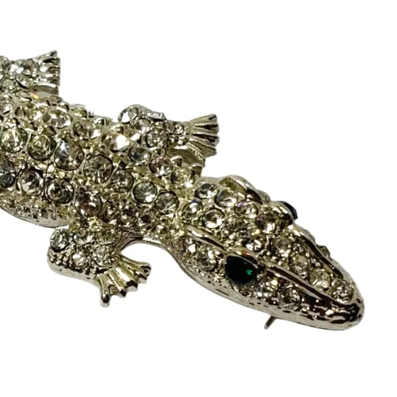 Silver Rhinestone Alligator Brooch Green eyes - Image 2