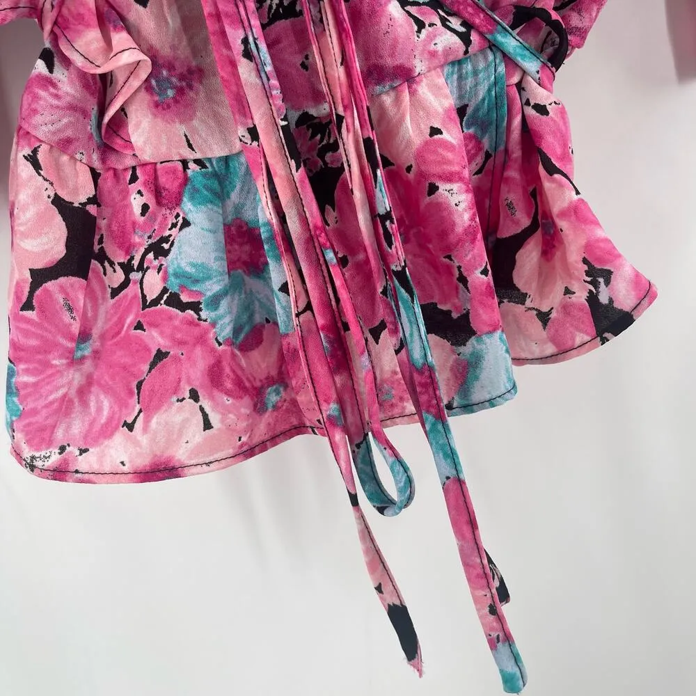 WAYF Blouse Size Small Wrap Floral Pink Puff Sleeve Ruffle Crop Romantic Ties - Image 9