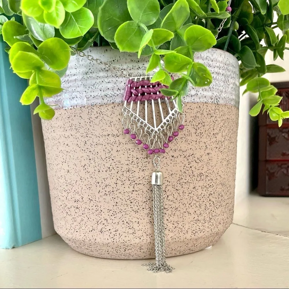 Long silver and pink bead pendant necklace - Image 2