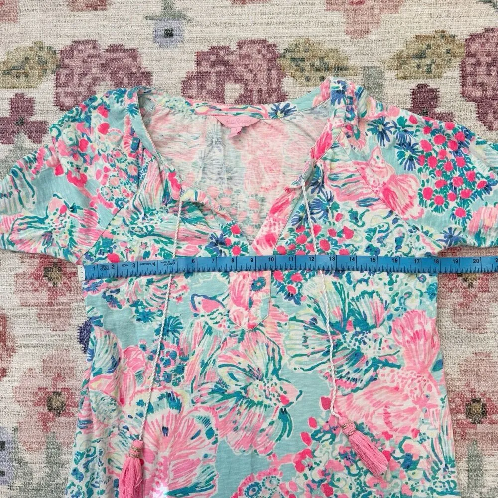 Lilly Pulitzer Dress Womens Small Floral Coastal Flare Sleeve Tassel Fish Coral - Image 9