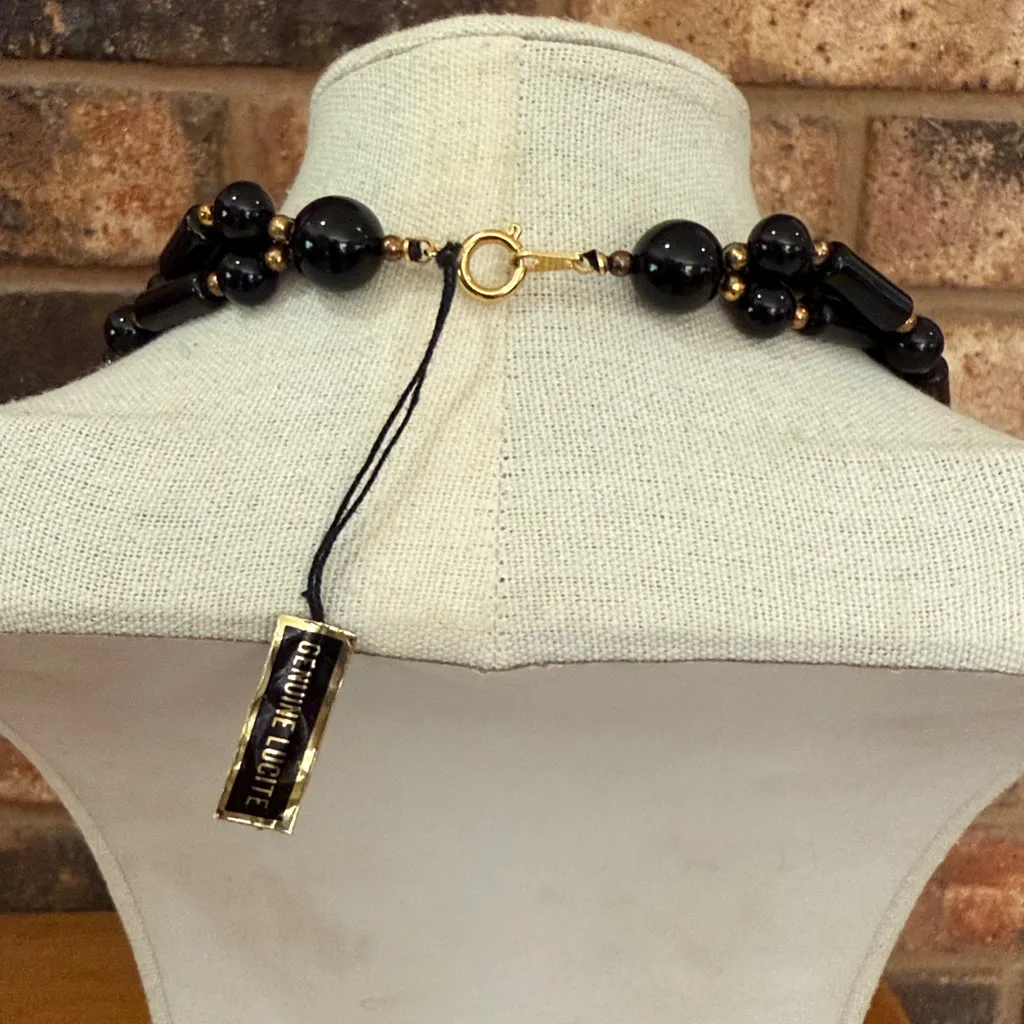 Vintage Genuine Lucite NOS triple strand Black and gold beaded necklace - Image 6