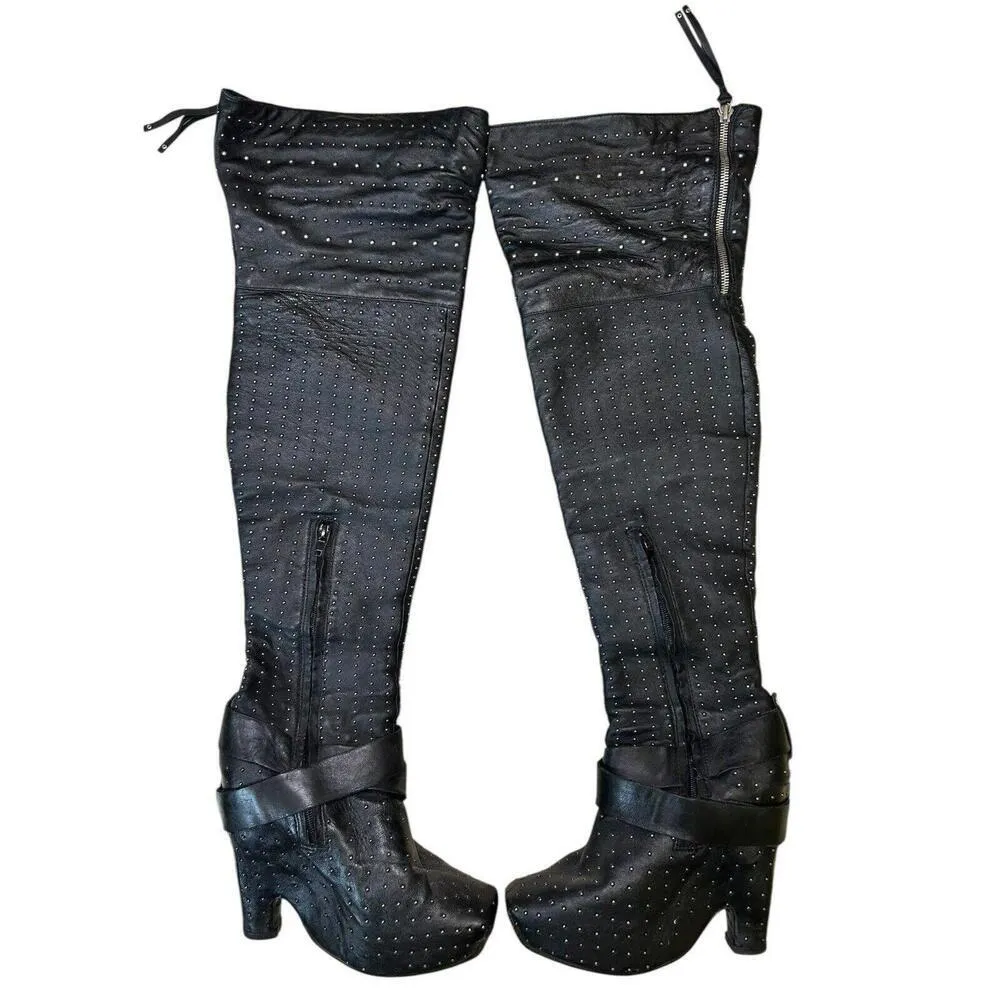 Sam Edelman Black Leather Studded Over-the-Knee Wedge Boots Buckle - Women’s 7.5 - Image 7