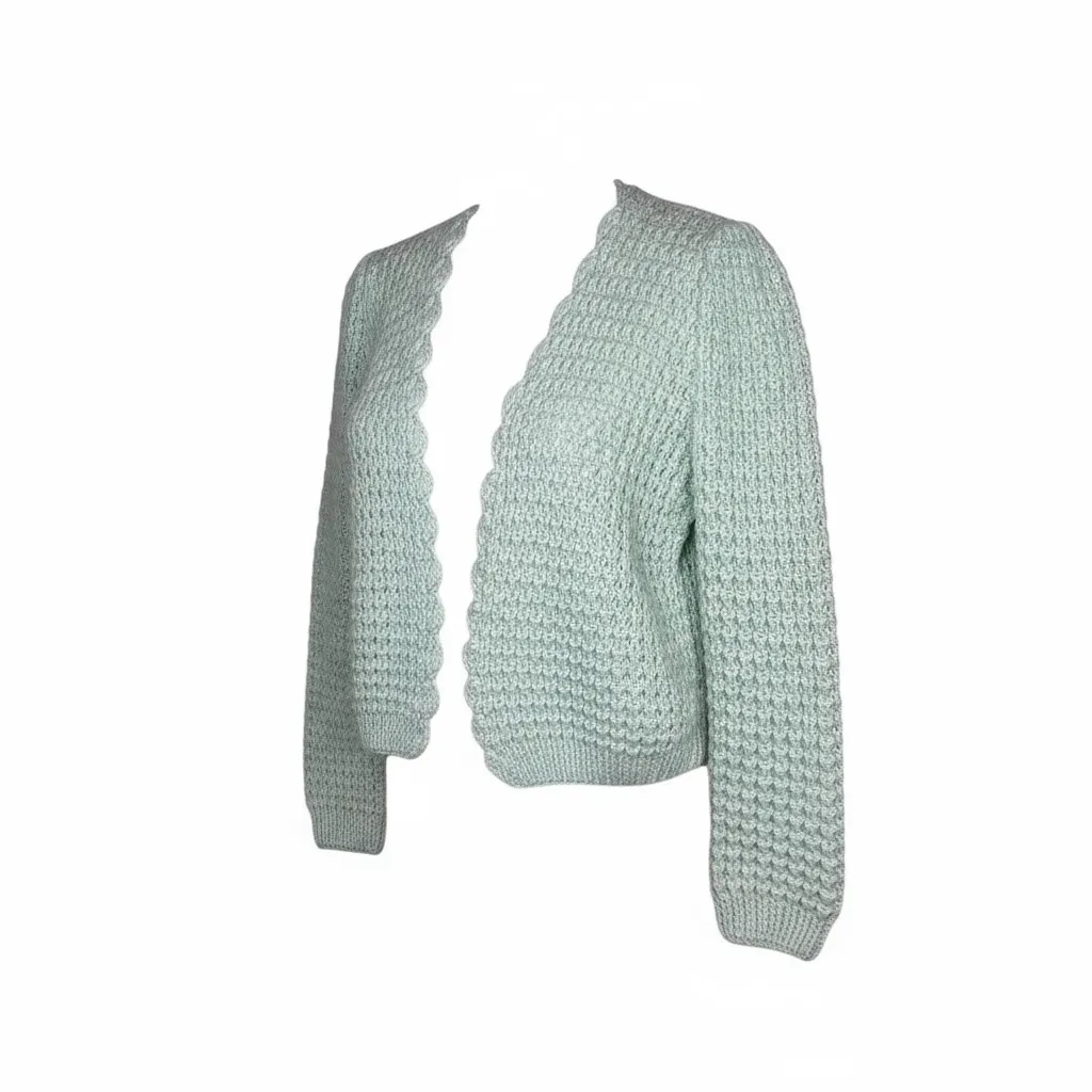 Handmade Mint Green Scalloped Edge Crochet Knit Cropped Cardigan Sweater‎ Small - Image 2
