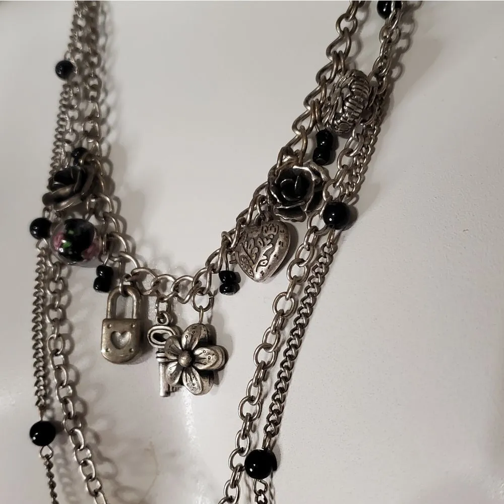 Silver & Black Multilayer Flower & Lock & Key Necklace Silver - Image 3