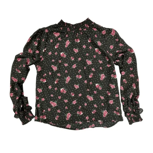 Smocked Floral Polka Dot Top Blouse Womens 6 WhimsiGoth Ruffle detail Sheer - Image 2