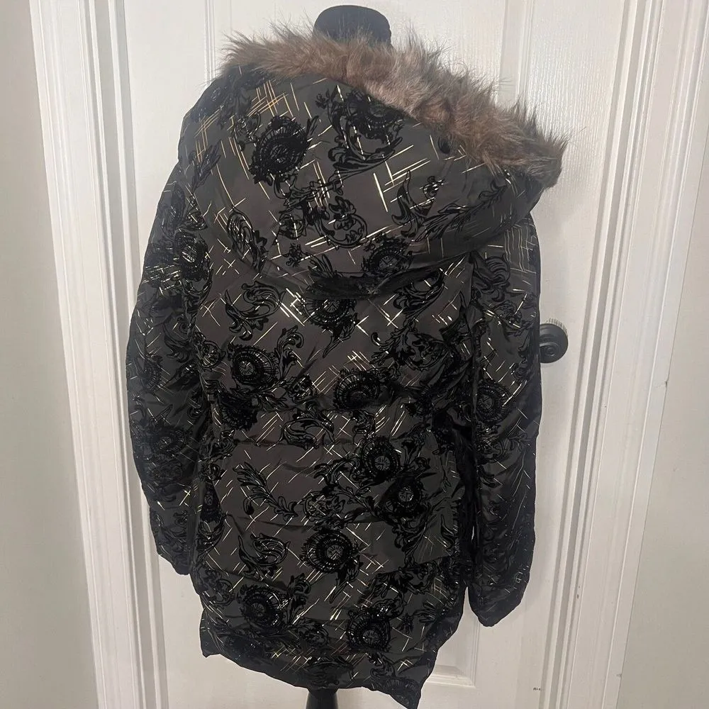 Desigual Womens Parka Black Gold Puffy Sweater Inset Hooded Faux Fur Size 6 NWT‎ - Image 10
