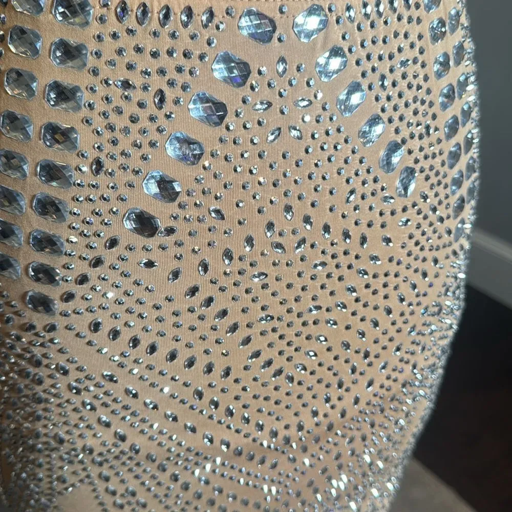 Sexy BodyCon Party 2 Piece Set Outfit Rhinestone Skirt & Halter Top Size M Tan Size M - Image 5