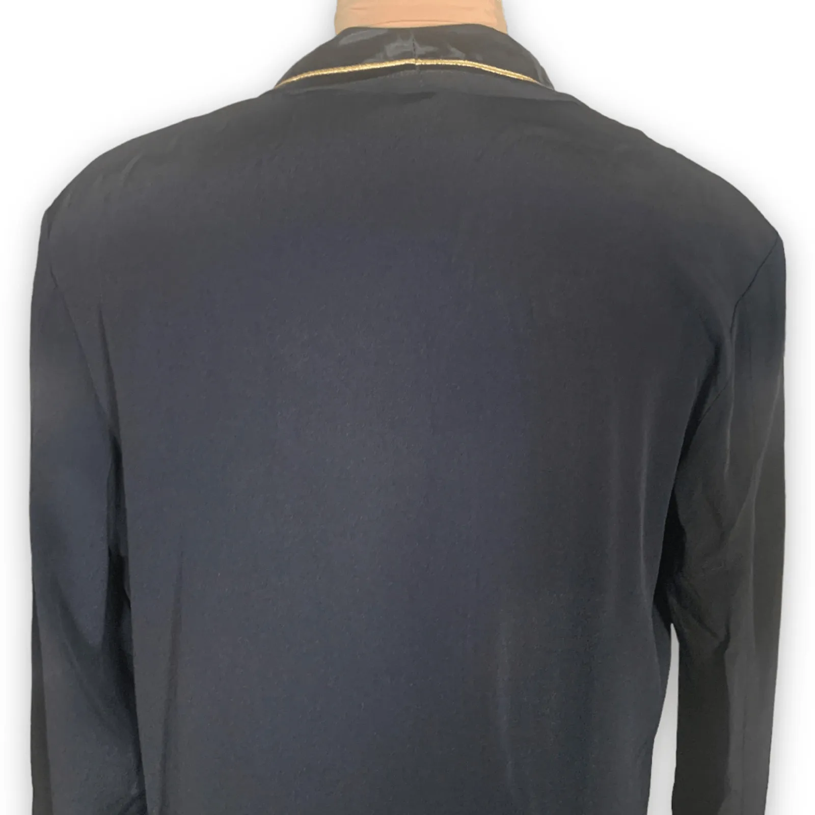 Vintage 90s Cache Black Duster Coat Gold Embroidered Satin Collar Size Medium - Image 9