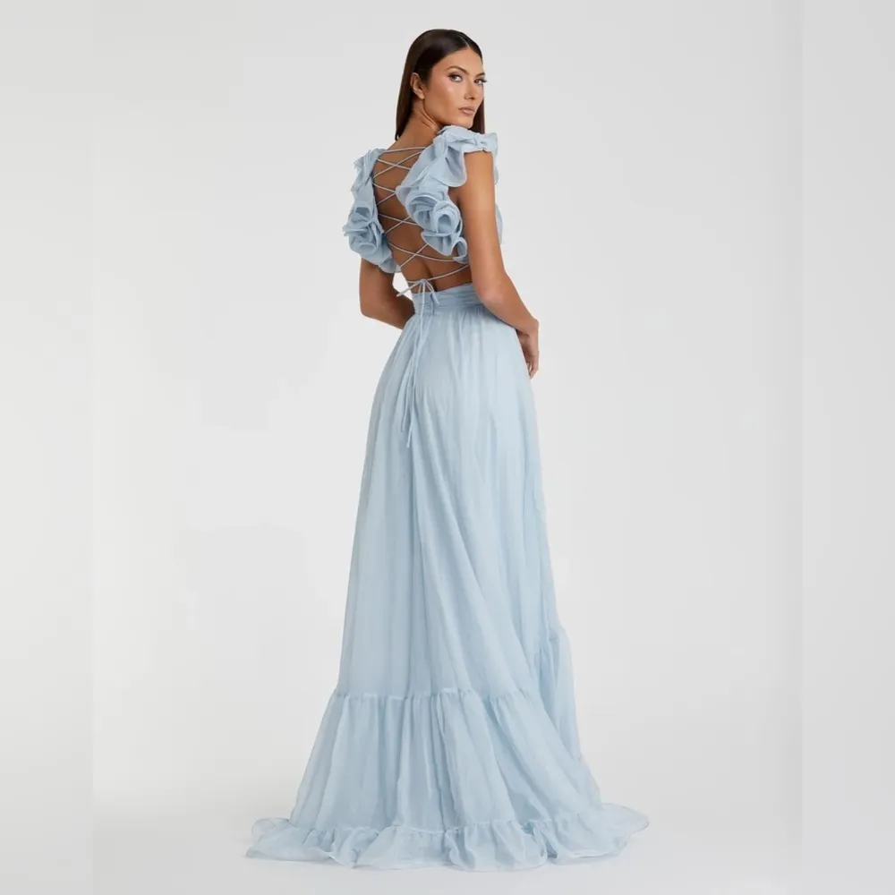 MAC DUGGAL Ruffle Tiered Cut Out Chiffon Gown in Powder Blue 6 - Image 5
